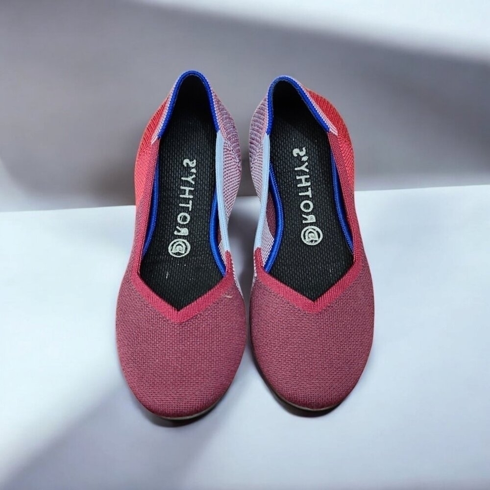 Rothy's The Flat Round Toe Slip On Ballet Flat Shoes Red Blue Women’s 8.5 $125